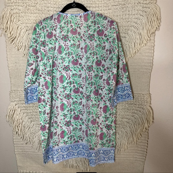 SZ BLOCKPRINTS green / pink floral 3/4 sleeves cotton tunic top M - Picture 8 of 10